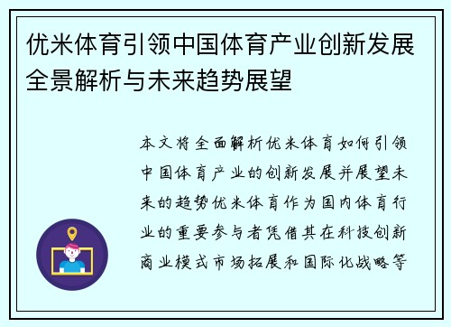 优米体育引领中国体育产业创新发展全景解析与未来趋势展望